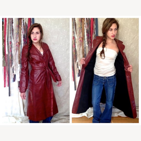 Vintage Jackets & Blazers - Vintage 70’s Long Leather Trench Coat Penny Lane Oxblood Belted Maxi Boho Jacket